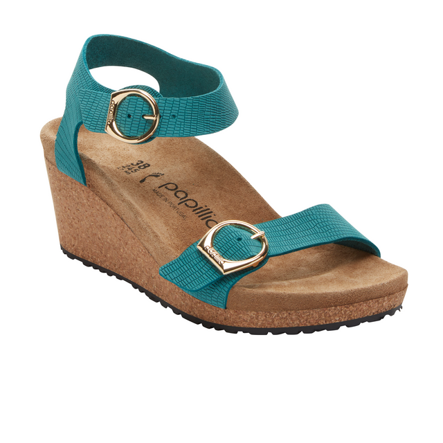 Birkenstock Soley Wedge Sandal (Women) - Embossed Biscay Bay Nubuck Sandals - Heel/Wedge - The Heel Shoe Fitters