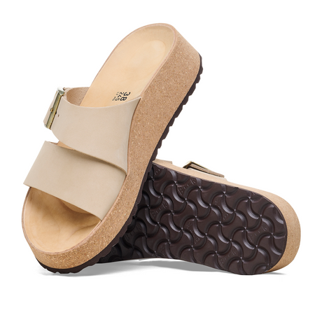 Birkenstock Almina Narrow Slide Sandal (Women) - Sandcastle Nubuck Sandals - Heel/Wedge - The Heel Shoe Fitters