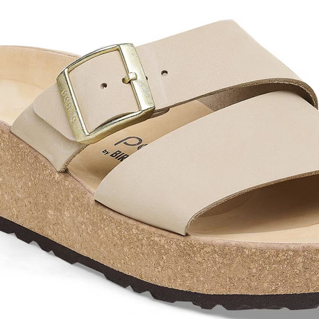 Birkenstock Almina Narrow Slide Sandal (Women) - Sandcastle Nubuck Sandal - Heel/Wedge - The Heel Shoe Fitters