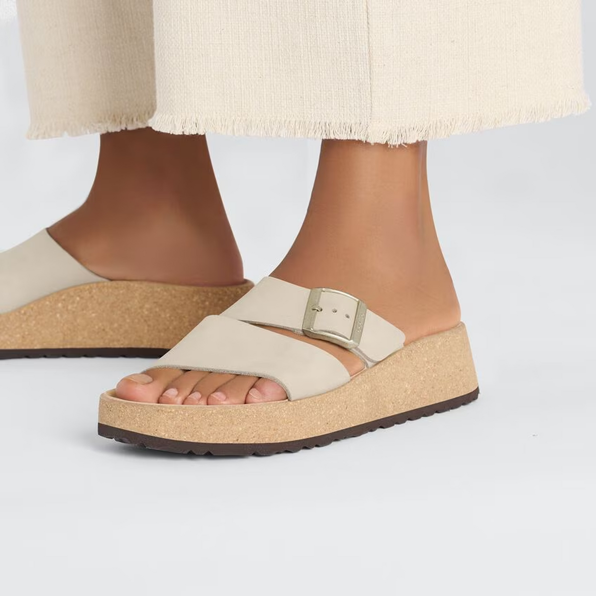 Birkenstock Almina Narrow Slide Sandal (Women) - Sandcastle Nubuck Sandal - Heel/Wedge - The Heel Shoe Fitters