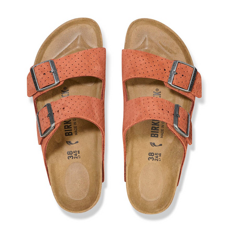 Birkenstock Arizona Narrow Slide Sandal (Women) - Dotted Burnt Orange Suede Sandals - Slide - The Heel Shoe Fitters