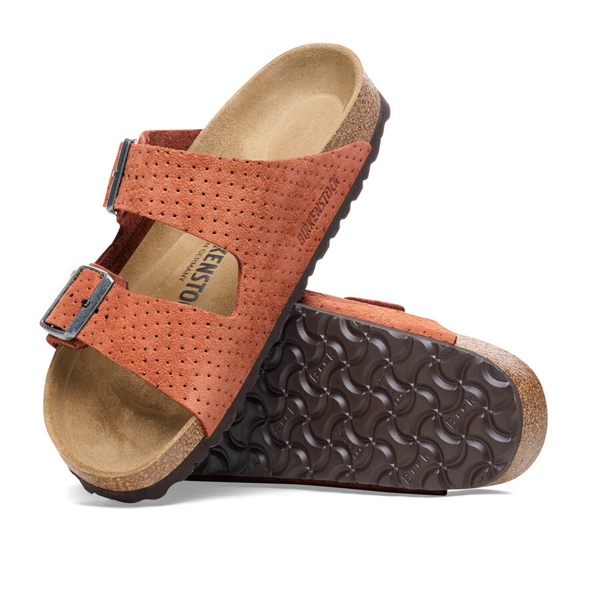 Birkenstock Arizona Slide Sandal (Women) - Dotted Burnt Orange Suede Sandals - Slide - The Heel Shoe Fitters