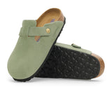 Birkenstock Boston Soft Footbed Narrow Clog (Women) - Green Tea Suede Dress-Casual - Clogs & Mules - The Heel Shoe Fitters