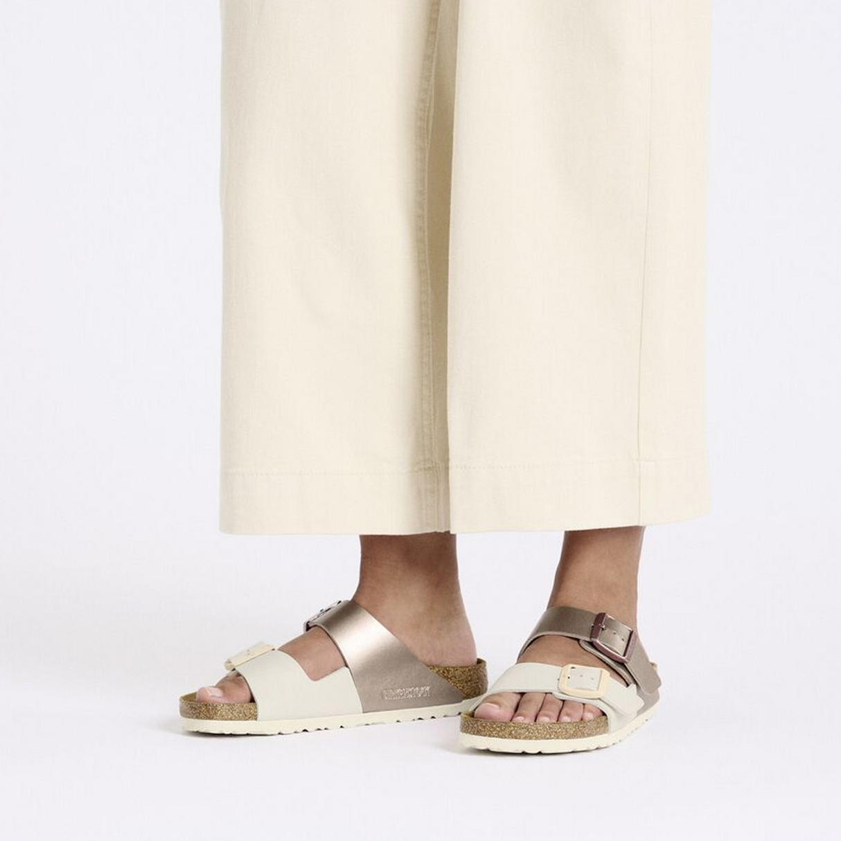 Birkenstock Arizona Narrow Slide Sandal (Women) - Eggshell/Metallic Copper Birko-Flor Sandal - Slide - The Heel Shoe Fitters