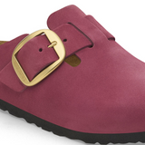 Birkenstock Boston Big Buckle Narrow Clog (Women) - Berry Crush Nubuck Dress-Casual - Clogs & Mules - The Heel Shoe Fitters