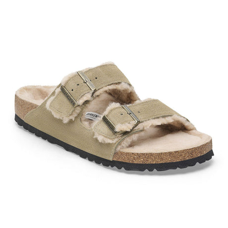 Birkenstock Arizona Slide Sandal (Women) - Taupe Suede/Sandcastle Shearling Sandal - Slide - The Heel Shoe Fitters