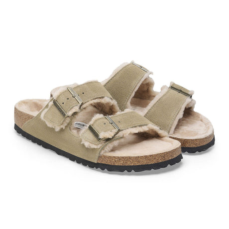 Birkenstock Arizona Slide Sandal (Women) - Taupe Suede/Sandcastle Shearling Sandal - Slide - The Heel Shoe Fitters