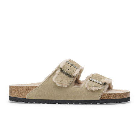 Birkenstock Arizona Slide Sandal (Women) - Taupe Suede/Sandcastle Shearling Sandal - Slide - The Heel Shoe Fitters