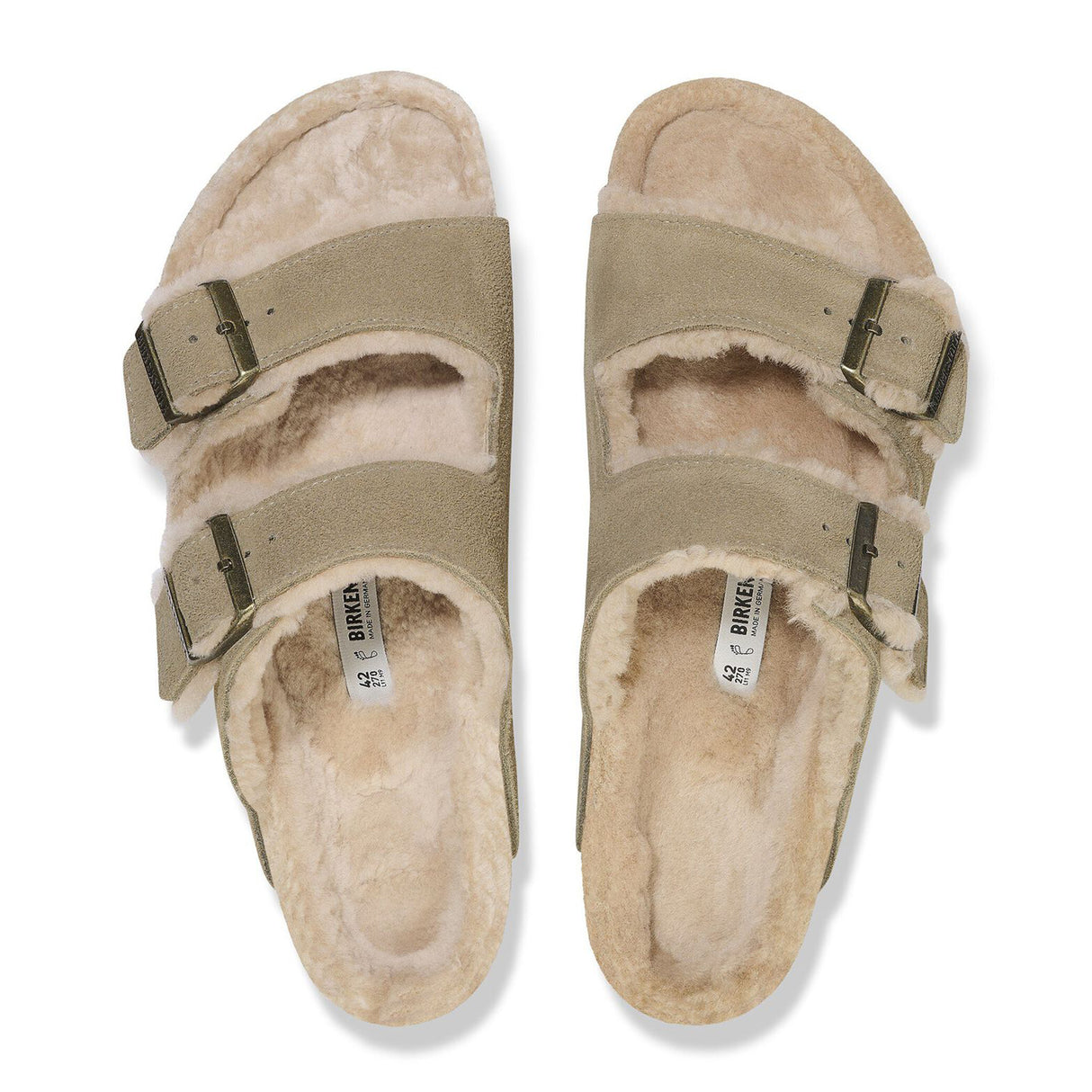 Birkenstock Arizona Slide Sandal (Women) - Taupe Suede/Sandcastle Shearling Sandal - Slide - The Heel Shoe Fitters