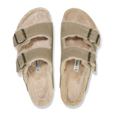 Birkenstock Arizona Slide Sandal (Women) - Taupe Suede/Sandcastle Shearling Sandal - Slide - The Heel Shoe Fitters