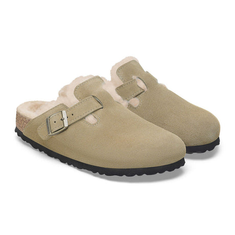 Birkenstock Boston Narrow Clog (Women) - Taupe Suede/Sandcastle Shearling Dress-Casual - Clogs & Mules - The Heel Shoe Fitters