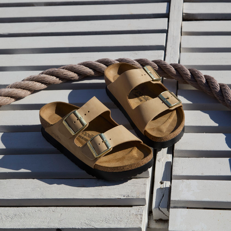 Birkenstock Arizona Platform Narrow Slide Sandal (Women) - Sandcastle Nubuck Sandal - Slide - The Heel Shoe Fitters