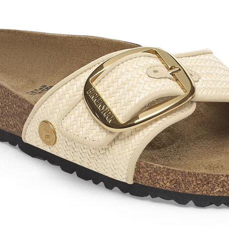 Birkenstock Madrid Big Buckle Narrow Slide Sandal (Women) - Raffia Natural Sandal - Slide - The Heel Shoe Fitters