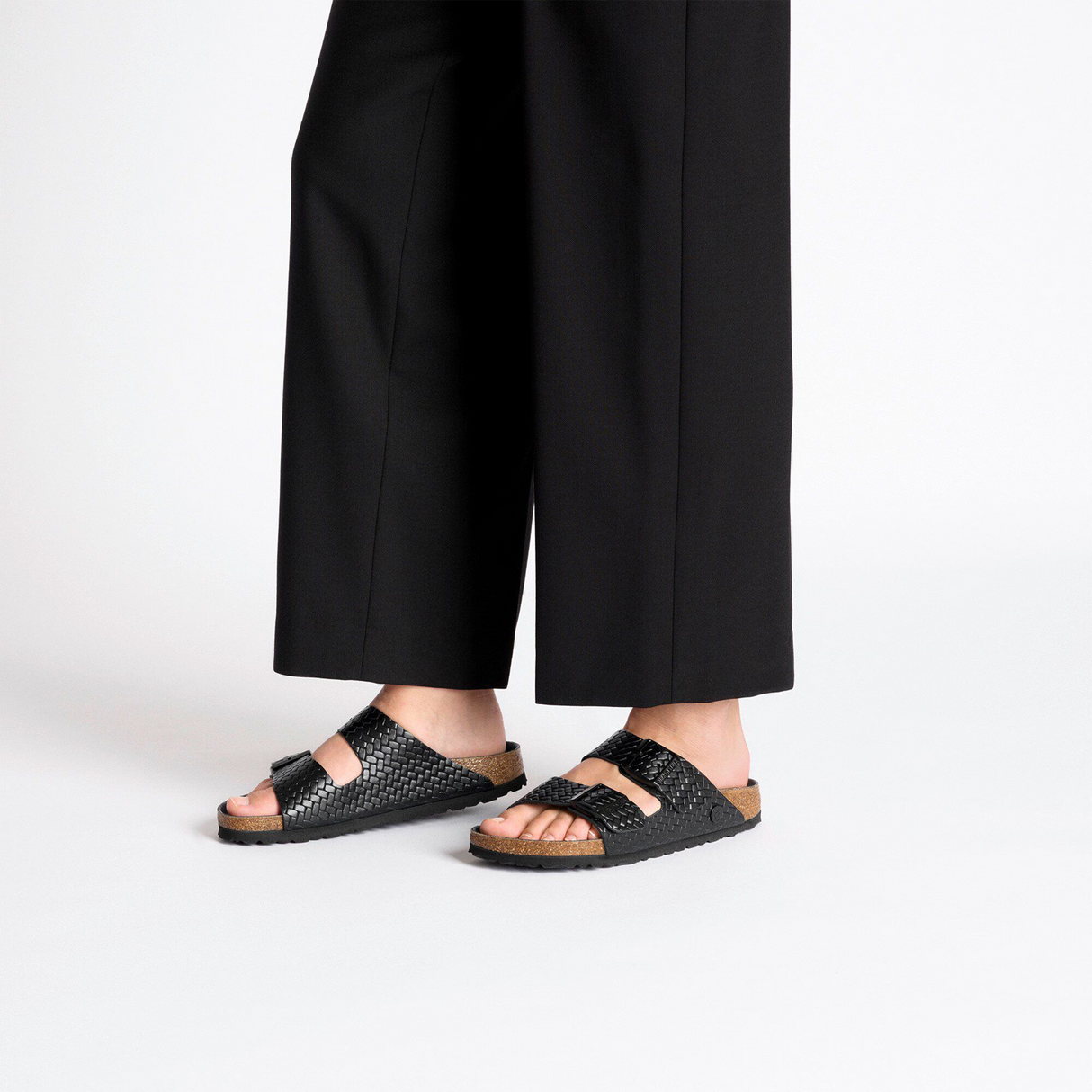 Birkenstock Arizona Slide Sandal (Women) - Woven Emboss Black Leather Sandal - Slide - The Heel Shoe Fitters