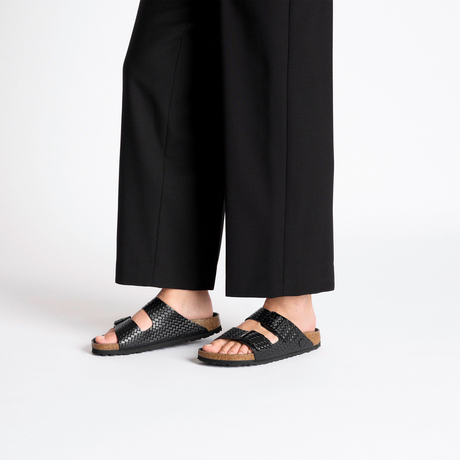 Birkenstock Arizona Slide Sandal (Women) - Woven Emboss Black Leather Sandal - Slide - The Heel Shoe Fitters