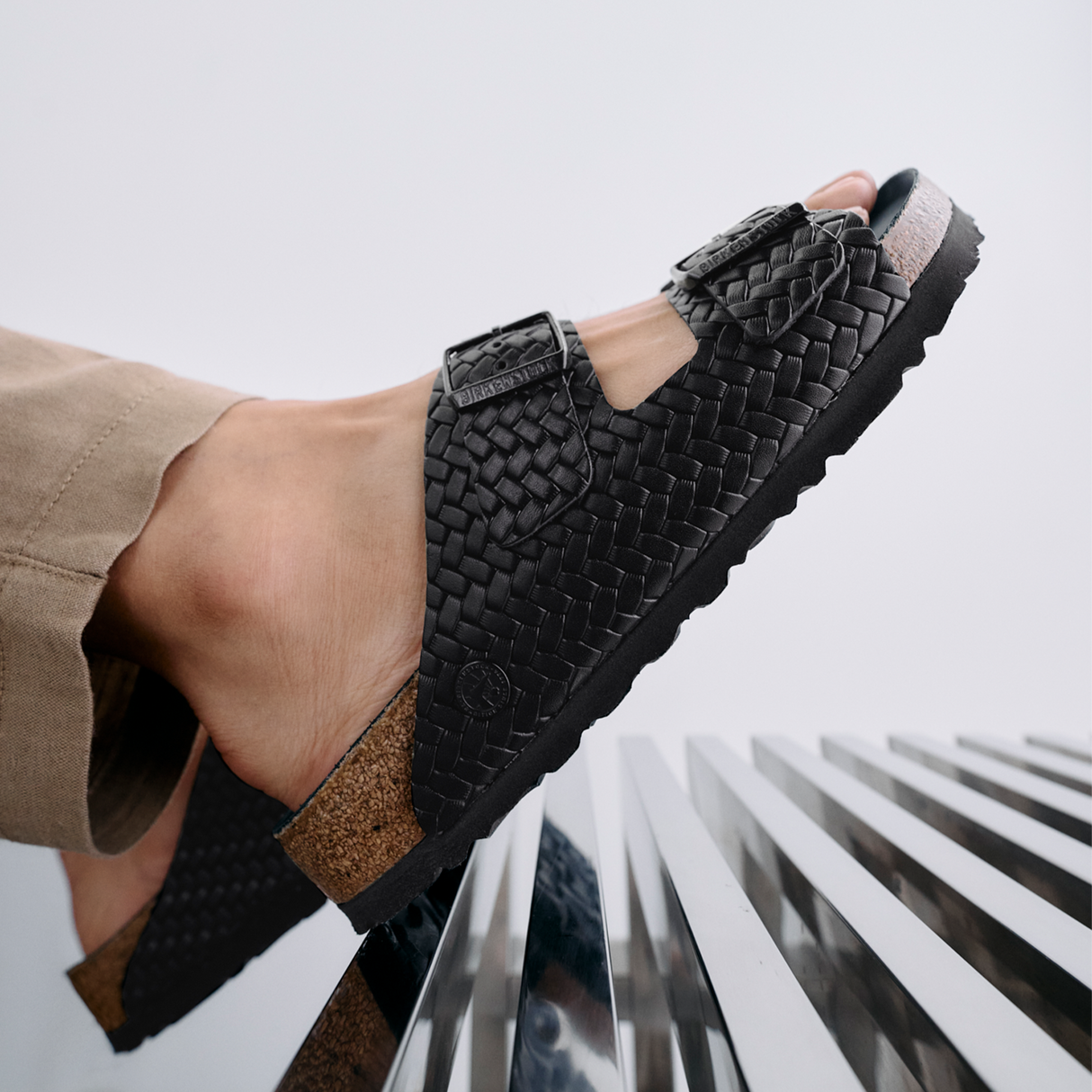 Birkenstock Arizona Slide Sandal (Women) - Woven Emboss Black Leather Sandal - Slide - The Heel Shoe Fitters