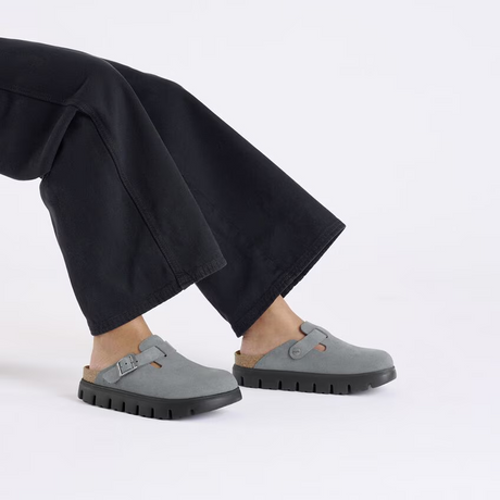 Birkenstock Boston Chunky Clog (Women) - Basalt Gray Suede Dress-Casual - Clogs & Mules - The Heel Shoe Fitters