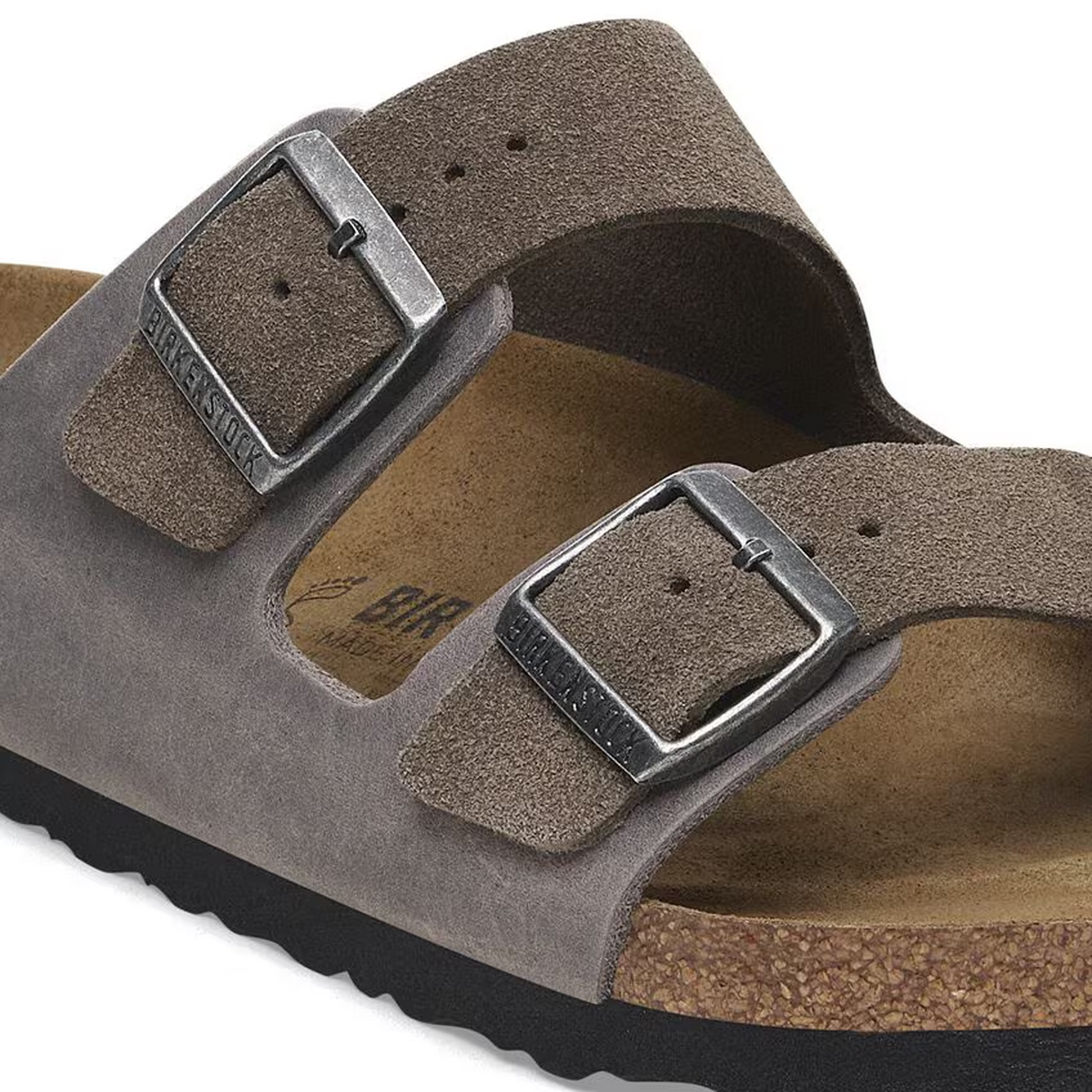 Birkenstock Arizona Slide Sandal (Men) - Concrete Gray Suede/Iron Leather Sandal - Slide - The Heel Shoe Fitters