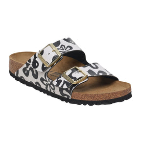 Birkenstock Arizona Narrow Slide Sandal (Women) - Blooms White/Black Birko-Flor Sandal - Slide - The Heel Shoe Fitters