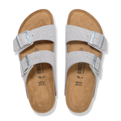 Birkenstock Arizona Narrow Slide Sandal (Women) - Shiny Glitter Silver Sandal - Slide - The Heel Shoe Fitters
