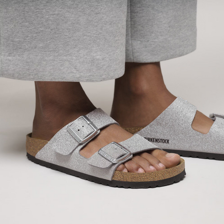 Birkenstock Arizona Narrow Slide Sandal (Women) - Shiny Glitter Silver Sandal - Slide - The Heel Shoe Fitters