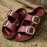 Birkenstock Arizona Hammered Big Buckle Slide Sandal (Women) - High Shine Zinfandel Leather Sandal - Slide - The Heel Shoe Fitters