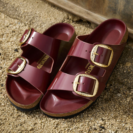 Birkenstock Arizona Hammered Big Buckle Slide Sandal (Women) - High Shine Zinfandel Leather Sandal - Slide - The Heel Shoe Fitters