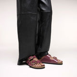 Birkenstock Arizona Hammered Big Buckle Slide Sandal (Women) - High Shine Zinfandel Leather Sandal - Slide - The Heel Shoe Fitters