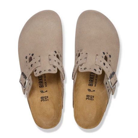 Birkenstock Boston Rivet Clog (Women) - Taupe Suede Dress-Casual - Clogs & Mules - The Heel Shoe Fitters