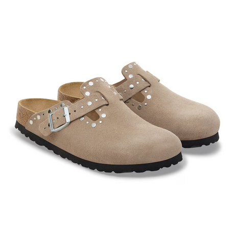 Birkenstock Boston Rivet Clog (Women) - Taupe Suede Dress-Casual - Clogs & Mules - The Heel Shoe Fitters