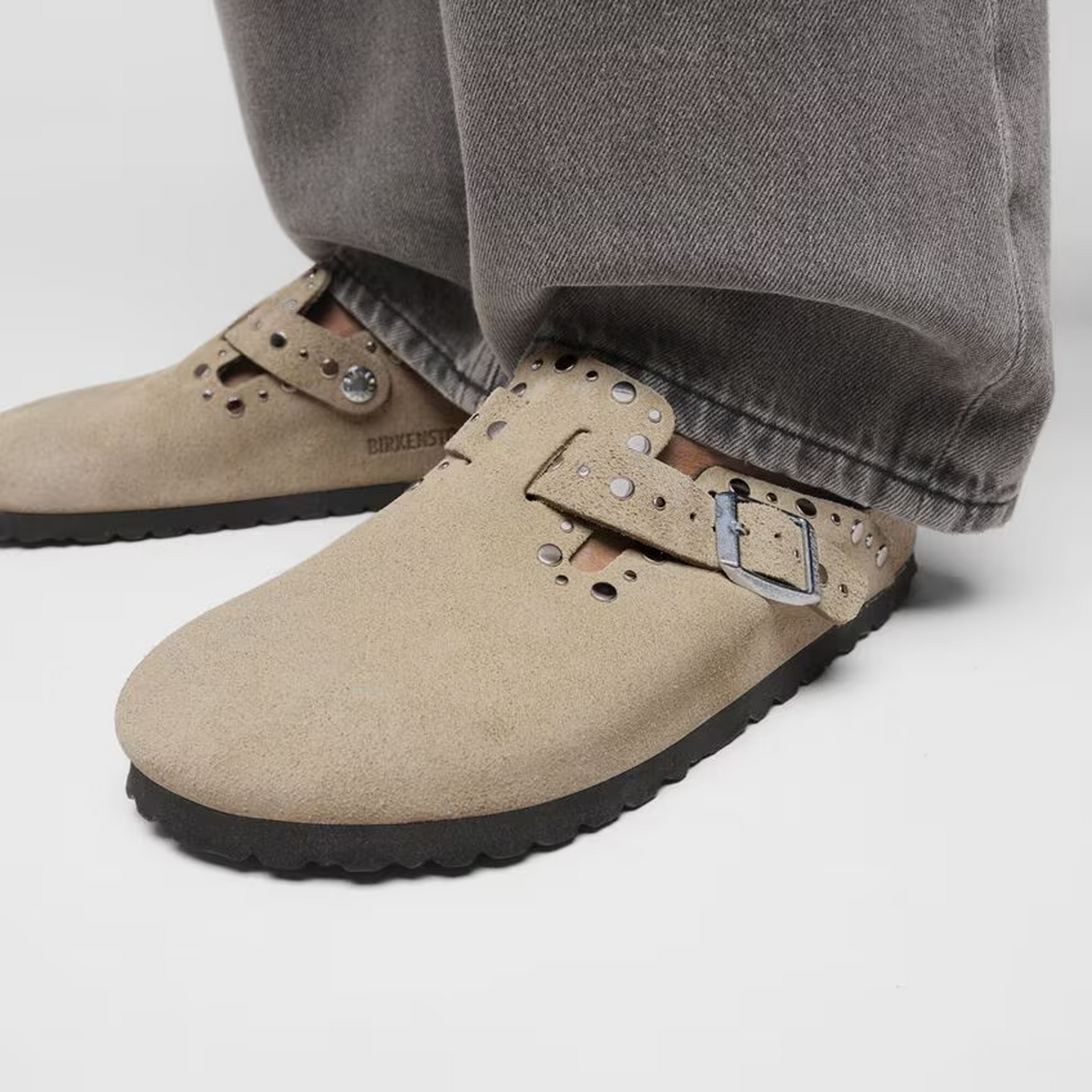 Birkenstock Boston Rivet Clog (Women) - Taupe Suede Dress-Casual - Clogs & Mules - The Heel Shoe Fitters