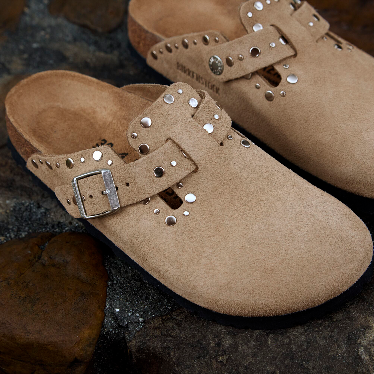 Birkenstock Boston Rivet Clog (Women) - Taupe Suede Dress-Casual - Clogs & Mules - The Heel Shoe Fitters