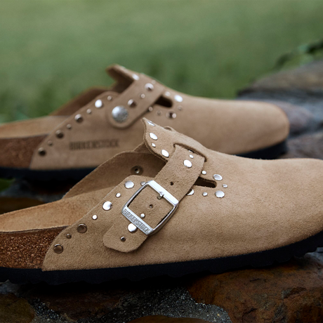Birkenstock Boston Rivet Clog (Women) - Taupe Suede Dress-Casual - Clogs & Mules - The Heel Shoe Fitters