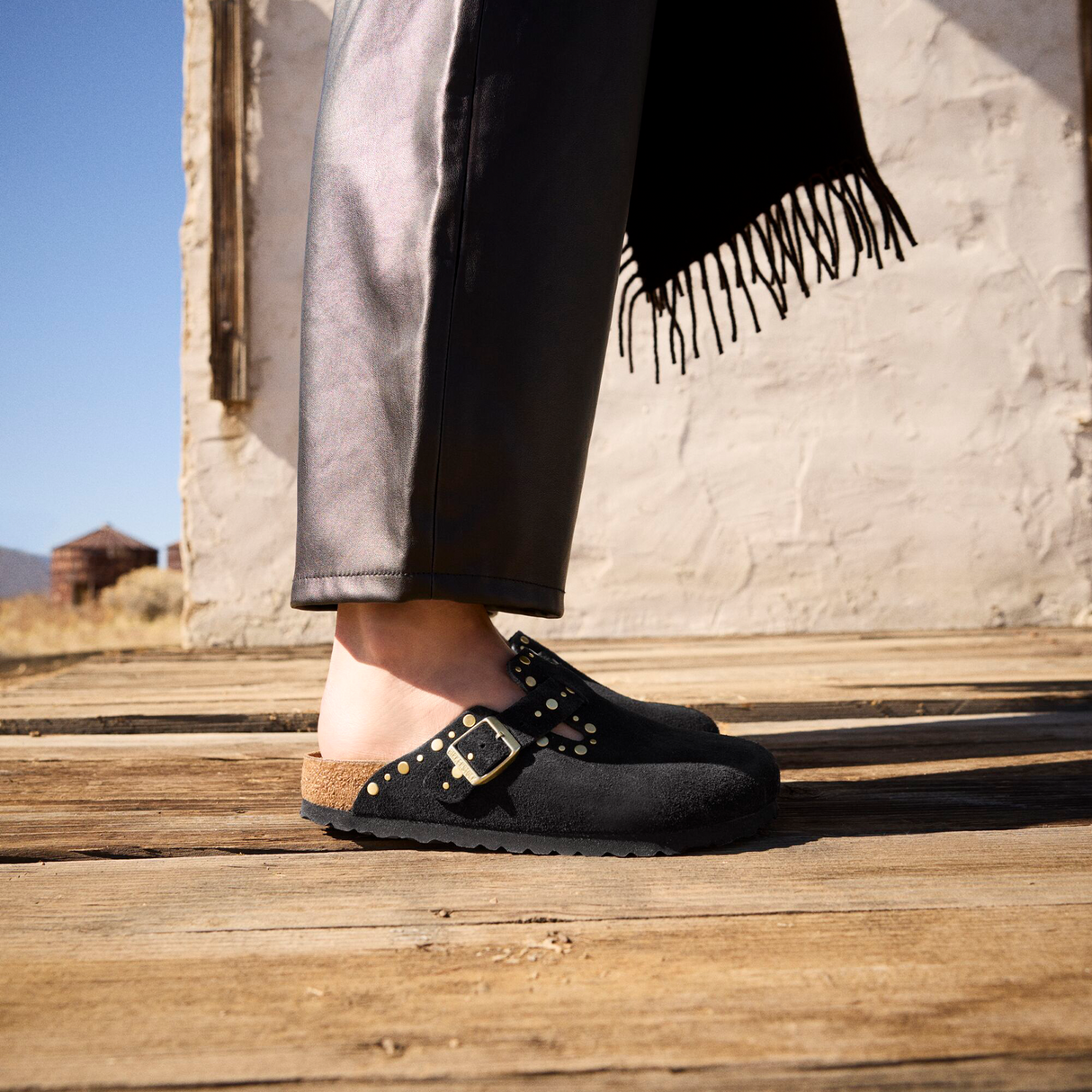 Birkenstock Boston Rivet Clog (Women) - Black Suede Dress-Casual - Clogs & Mules - The Heel Shoe Fitters