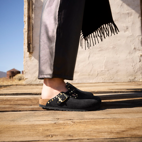 Birkenstock Boston Rivet Clog (Women) - Black Suede Dress-Casual - Clogs & Mules - The Heel Shoe Fitters