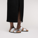 Birkenstock Sydney Luxe Buckle Slide Sandal (Women) - Metallic Silver Birko-Flor