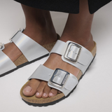 Birkenstock Sydney Luxe Buckle Slide Sandal (Women) - Metallic Silver Birko-Flor