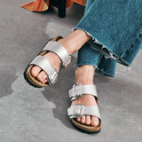 Birkenstock Sydney Luxe Buckle Slide Sandal (Women) - Metallic Silver Birko-Flor