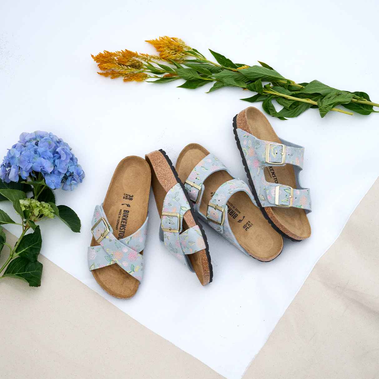 Birkenstock Arizona Narrow Slide Sandal (Women) - Flowers Baby Blue Suede Sandal - Slide - The Heel Shoe Fitters