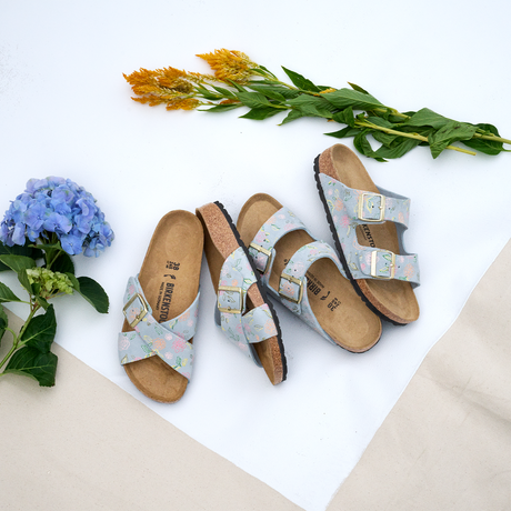 Birkenstock Arizona Narrow Slide Sandal (Women) - Flowers Baby Blue Suede Sandal - Slide - The Heel Shoe Fitters