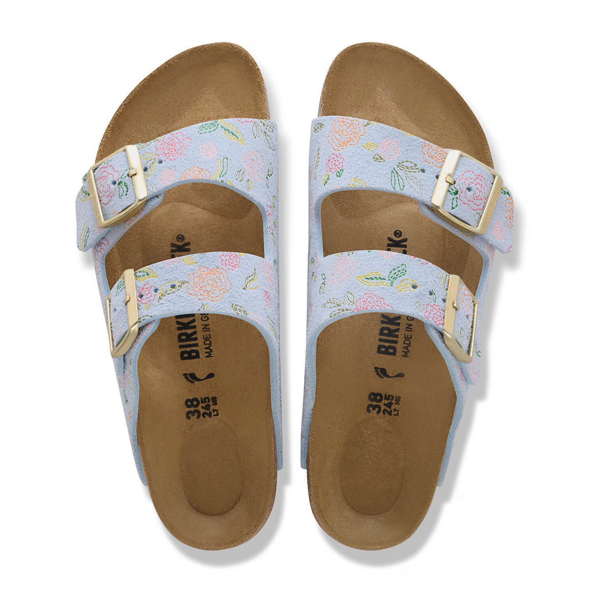 Birkenstock Arizona Narrow Slide Sandal (Women) - Flowers Baby Blue Suede Sandal - Slide - The Heel Shoe Fitters