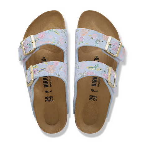 Birkenstock Arizona Narrow Slide Sandal (Women) - Flowers Baby Blue Suede Sandal - Slide - The Heel Shoe Fitters