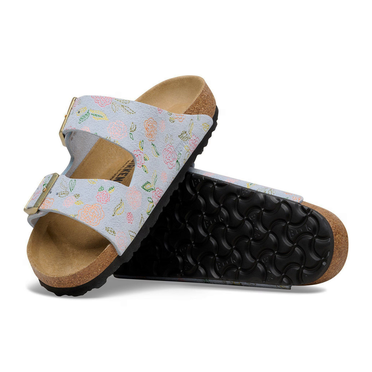 Birkenstock Arizona Narrow Slide Sandal (Women) - Flowers Baby Blue Suede Sandal - Slide - The Heel Shoe Fitters