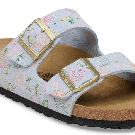 Birkenstock Arizona Narrow Slide Sandal (Women) - Flowers Baby Blue Suede Sandal - Slide - The Heel Shoe Fitters