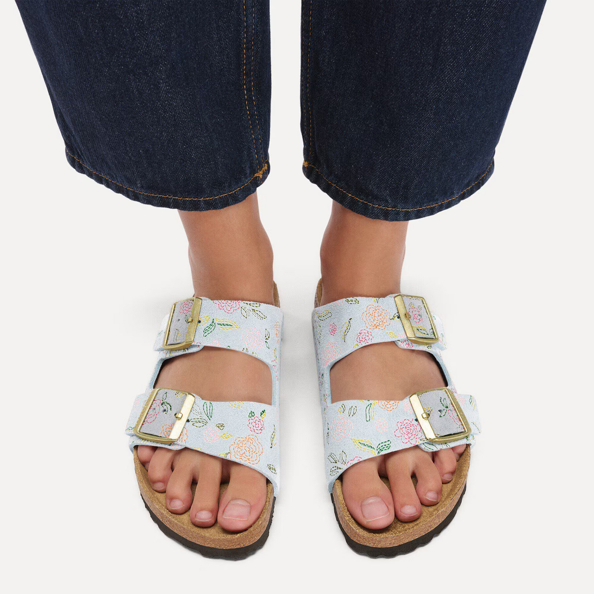 Birkenstock Arizona Narrow Slide Sandal (Women) - Flowers Baby Blue Suede Sandal - Slide - The Heel Shoe Fitters