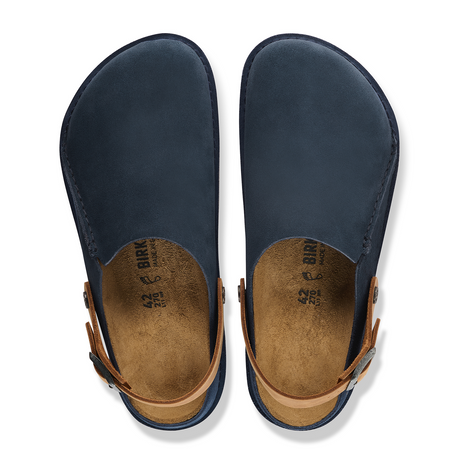 Birkenstock Lutry Clog (Men) - Navy Suede/Cognac Oiled Leather Dress-Casual - Clogs & Mules - The Heel Shoe Fitters