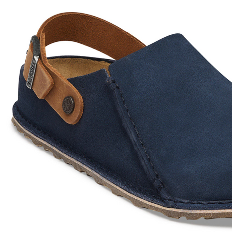 Birkenstock Lutry Narrow Clog (Women) - Navy Suede/Cognac Oiled Leather Dress-Casual - Clogs & Mules - The Heel Shoe Fitters