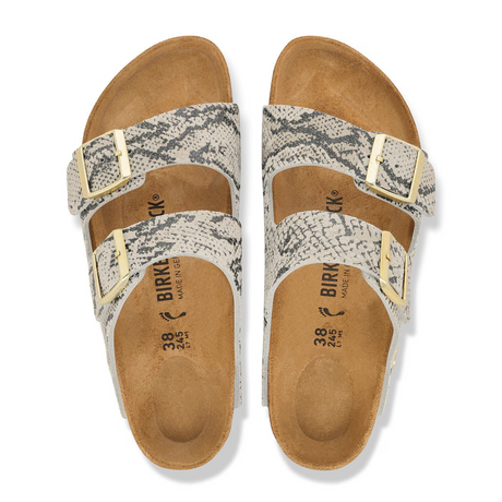 Birkenstock Arizona Slide Sandal (Women) - Snake Print Oyster Suede Sandal - Slide - The Heel Shoe Fitters