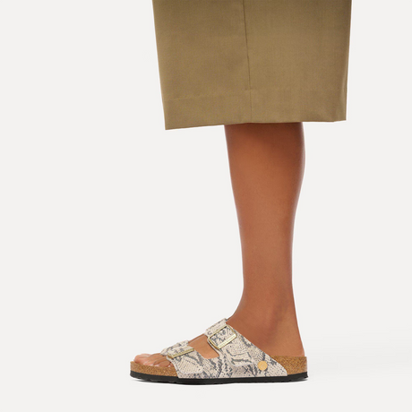 Birkenstock Arizona Slide Sandal (Women) - Snake Print Oyster Suede Sandal - Slide - The Heel Shoe Fitters