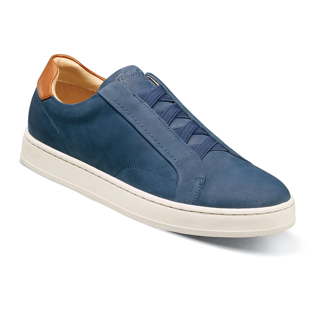 Florsheim Monopoli Elastic Lace To Toe Sneaker (Men) - Navy Nubuck/Cognac Smooth w/White Sole Athletic - Casual - Lace Up - The Heel Shoe Fitters